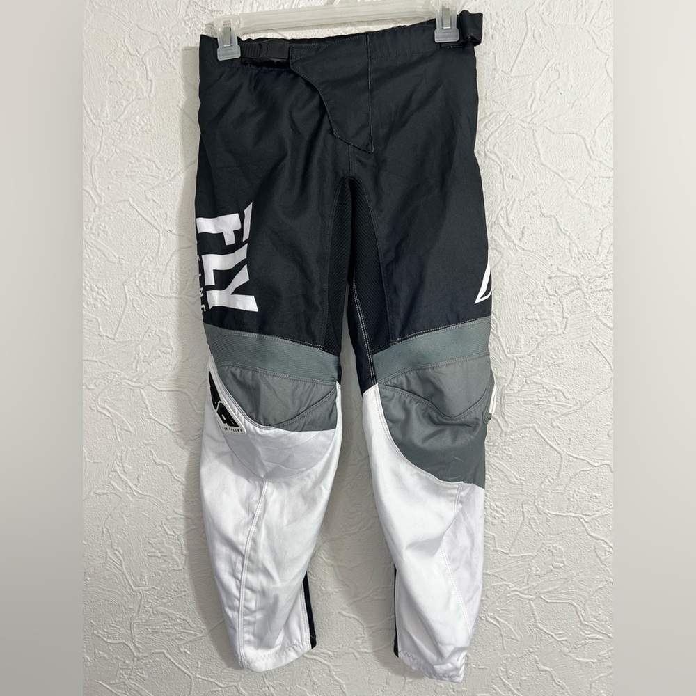 FLY RACING YOUTH LITE PANTS BLACK/WHITE/DENIM GREY SIZE 26 INSEAM 25 NWOT